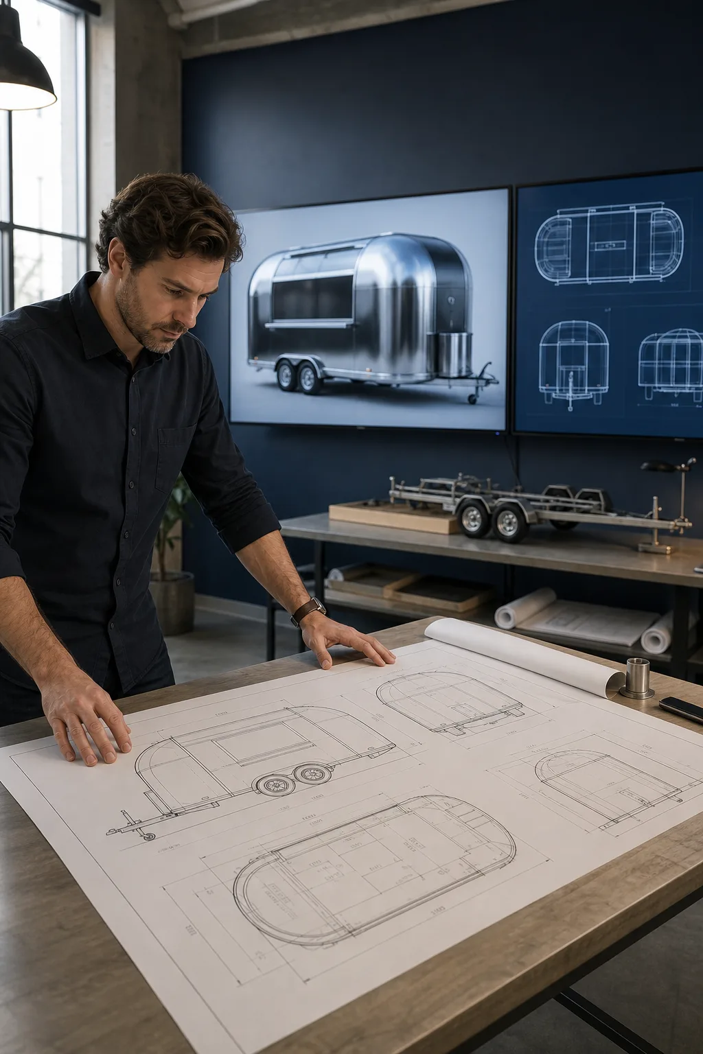 QH designer reviewing trailer blueprints with 3D renders on screen behind