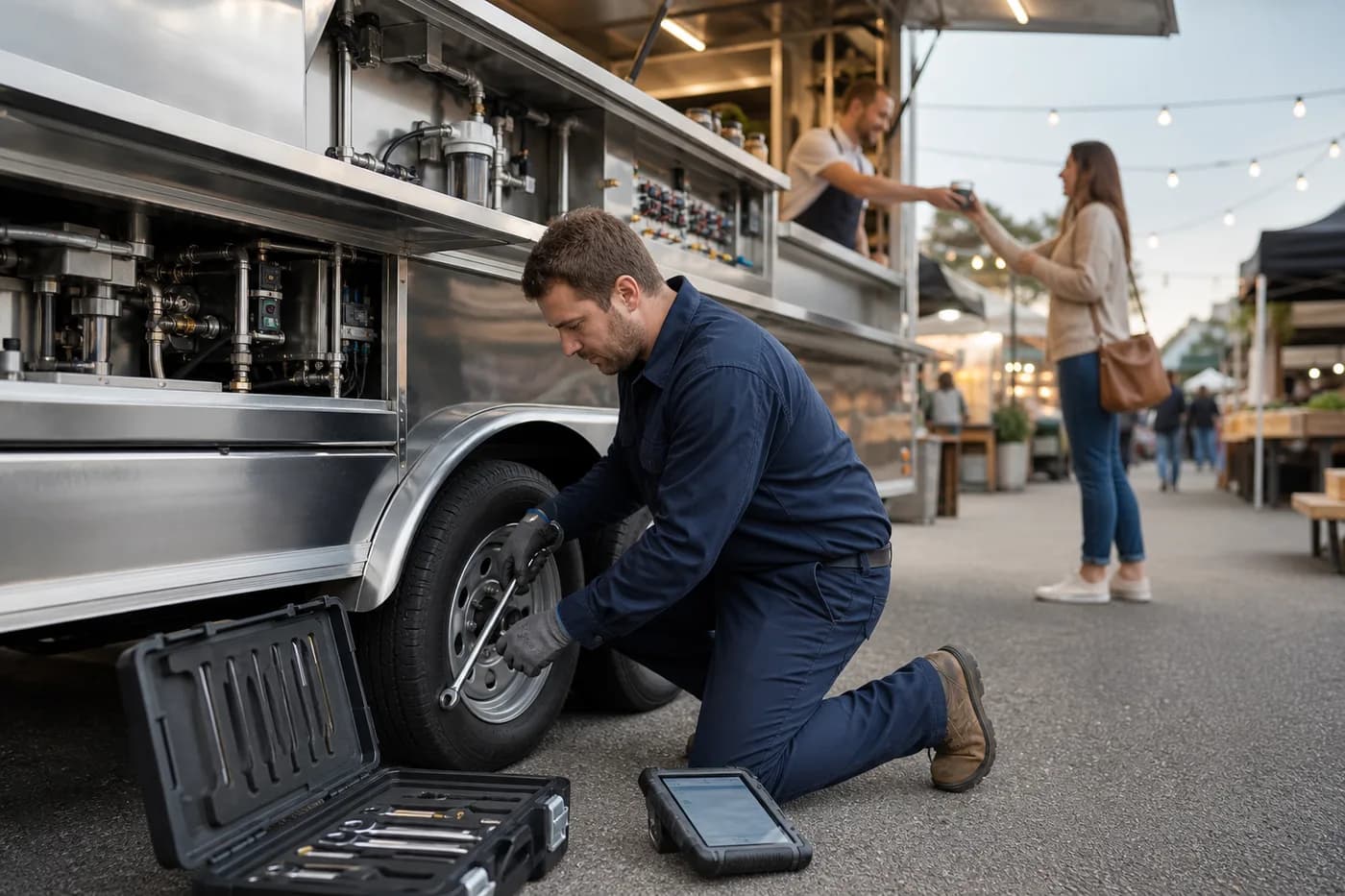QH service technician working on a trailer at a street food market