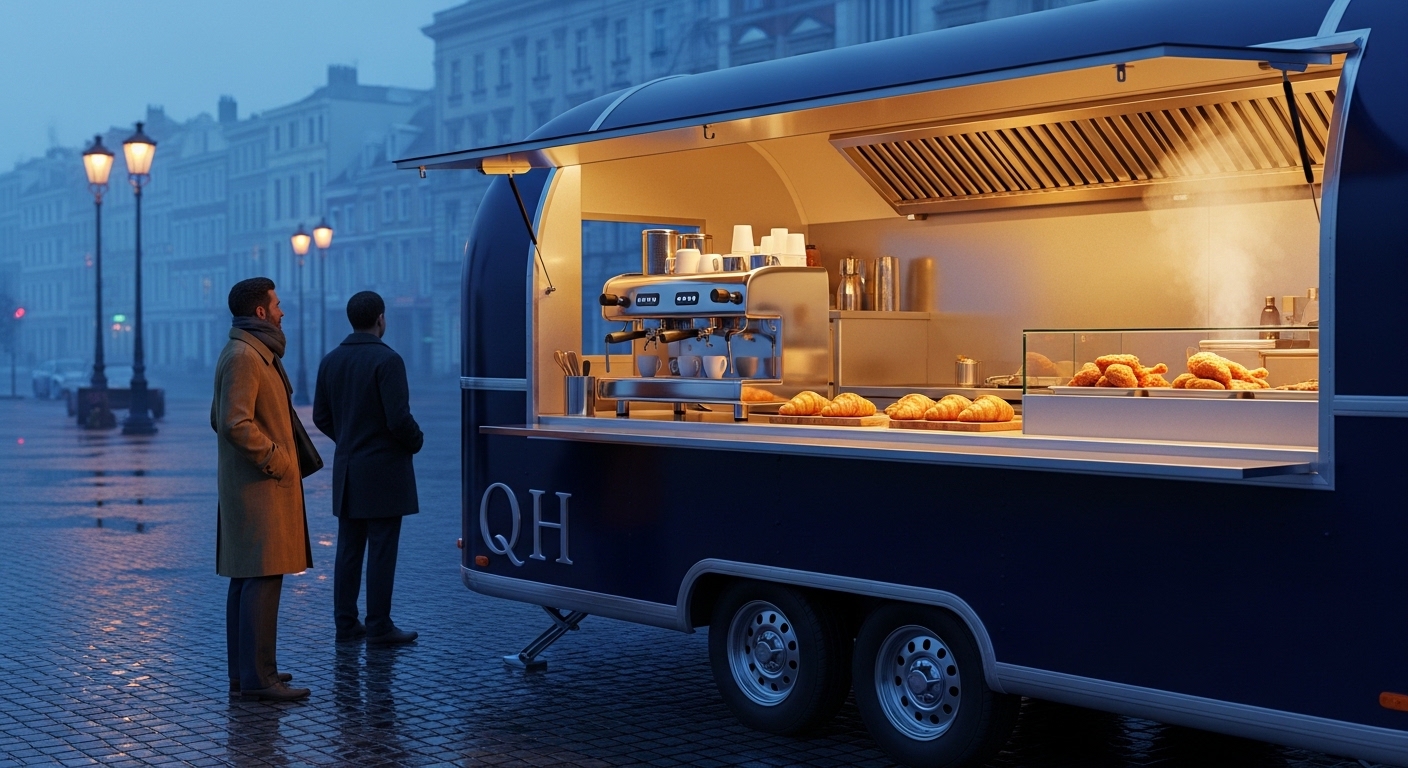 QH trailer serving coffee on a misty city street at dusk