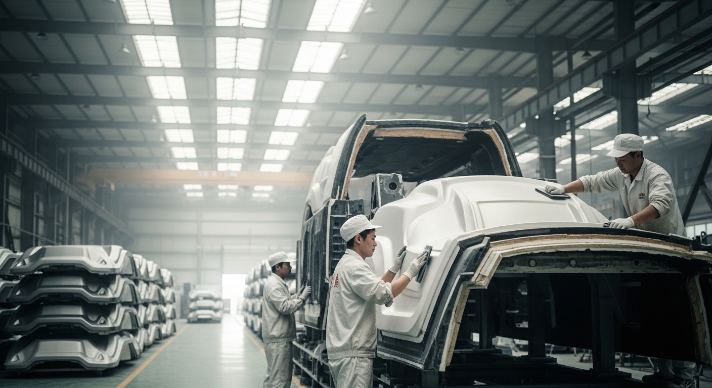 Workers finishing composite bodies on the Qingdao manufacturing floor