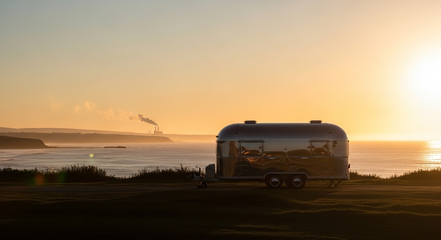 QH trailer on a coastal overlook at golden hour