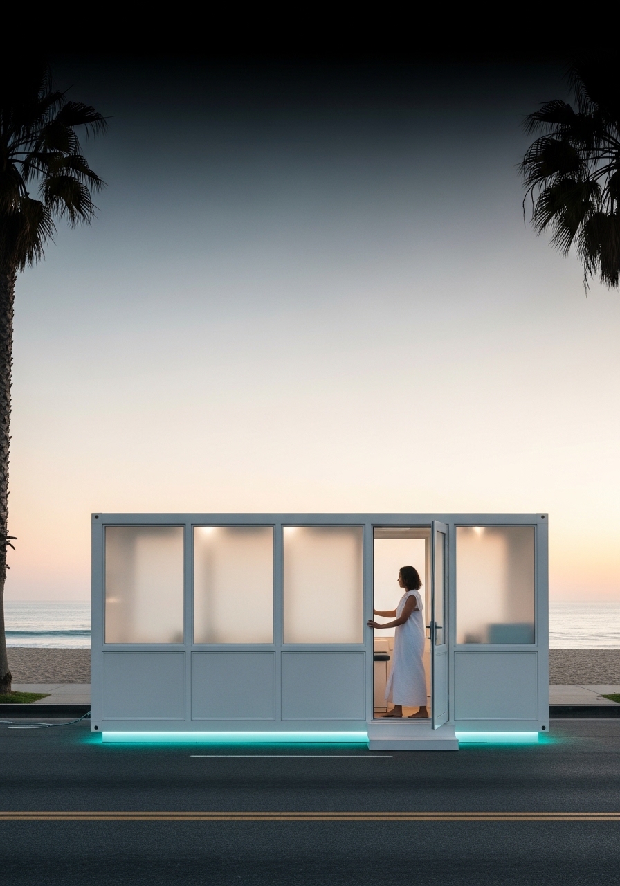 White wellness pod on a coastal road at dusk with cyan underglow