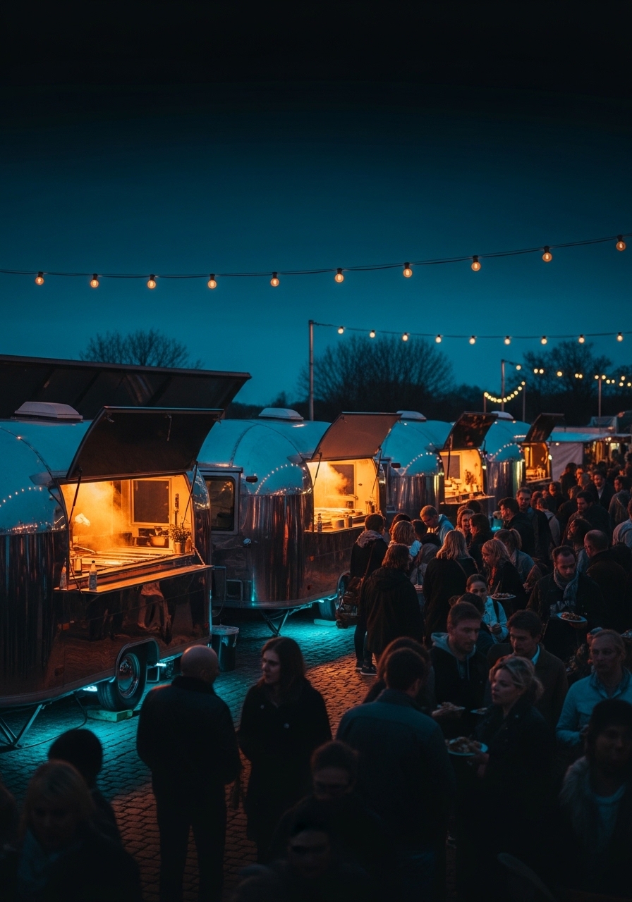 Night food-trailer market with open chrome hatches, string lights and a crowd