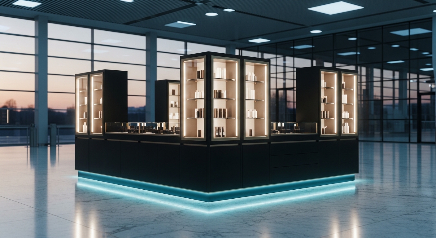 Matte-black retail kiosk with glass towers and cyan underglow in a transit hall