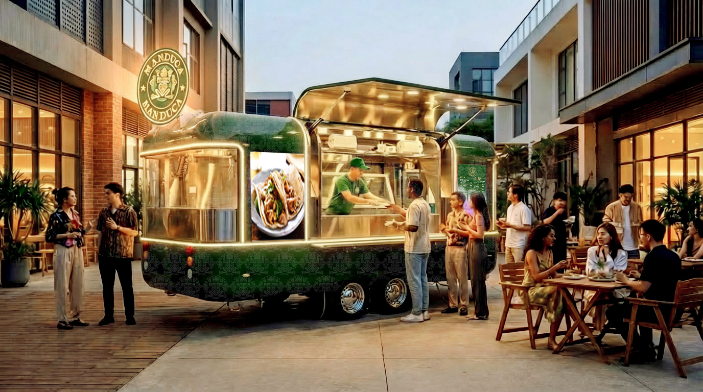 Green Manduca trailer serving guests in an urban courtyard at dusk