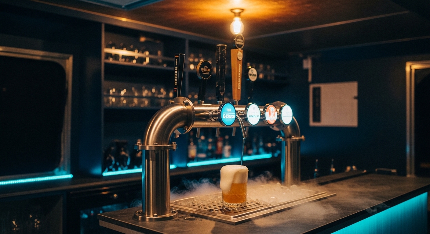 Craft beer tower pouring into a glass with dry-ice fog