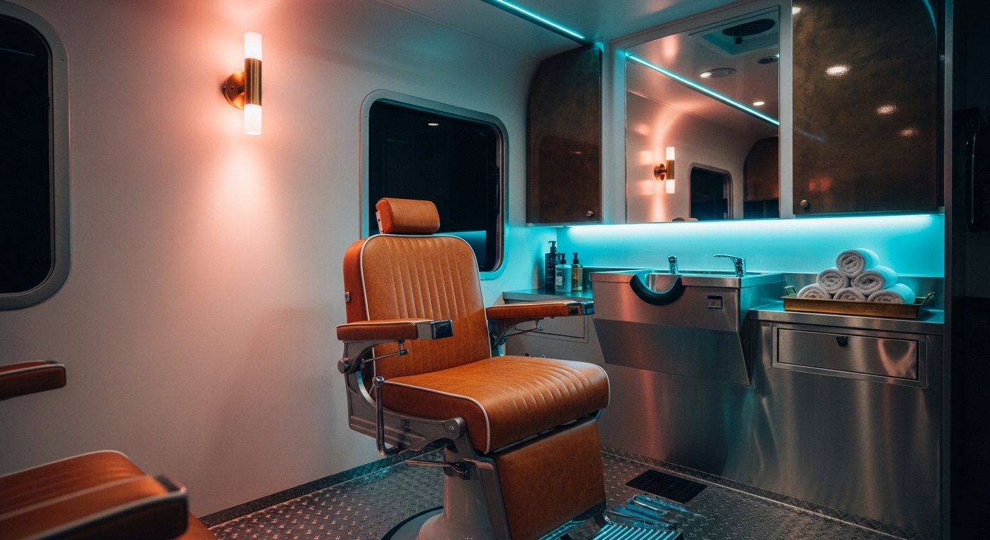 Tan leather barber chair and stainless grooming station