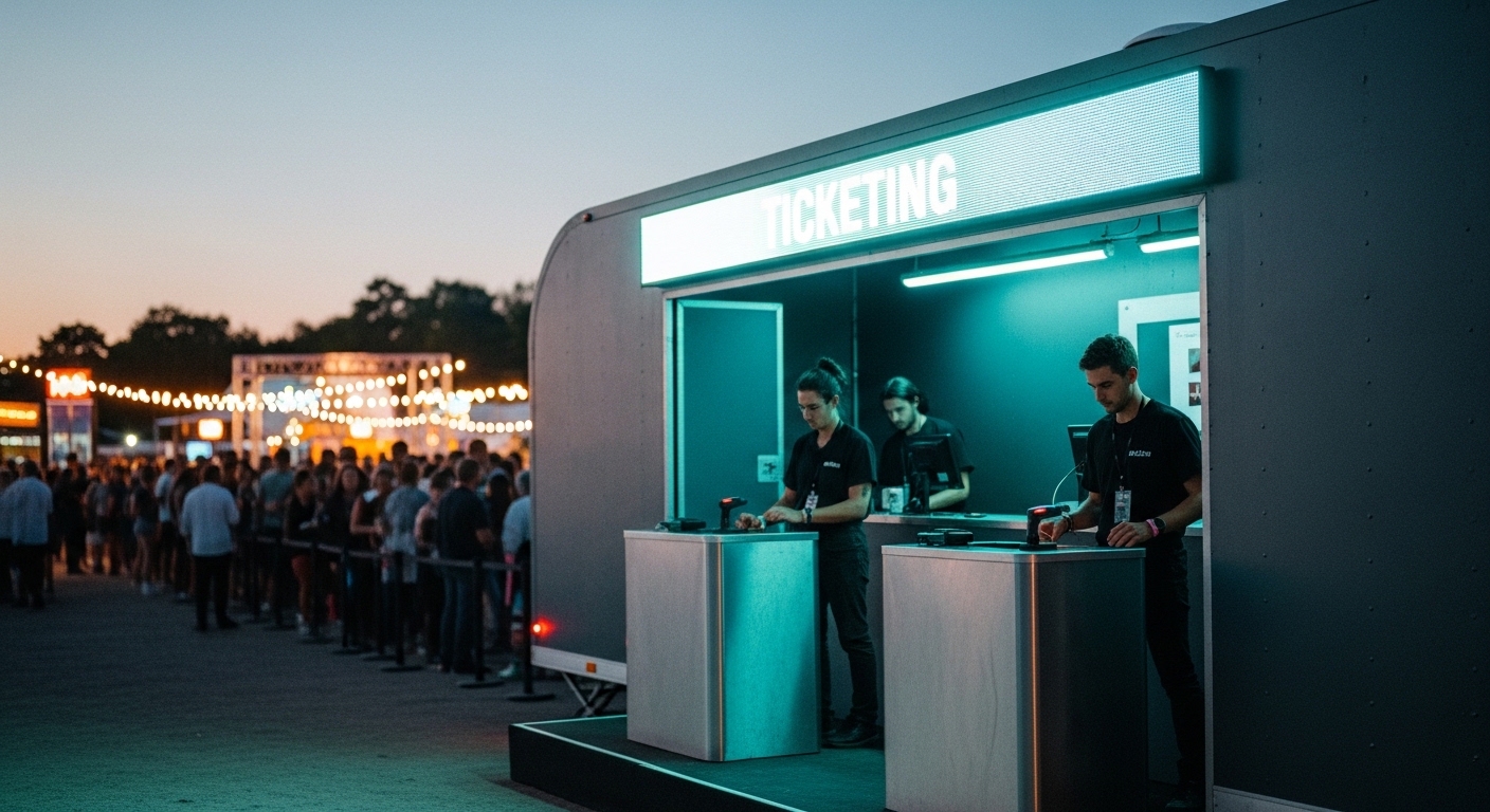 Mobile ticketing booth staffed at a twilight festival
