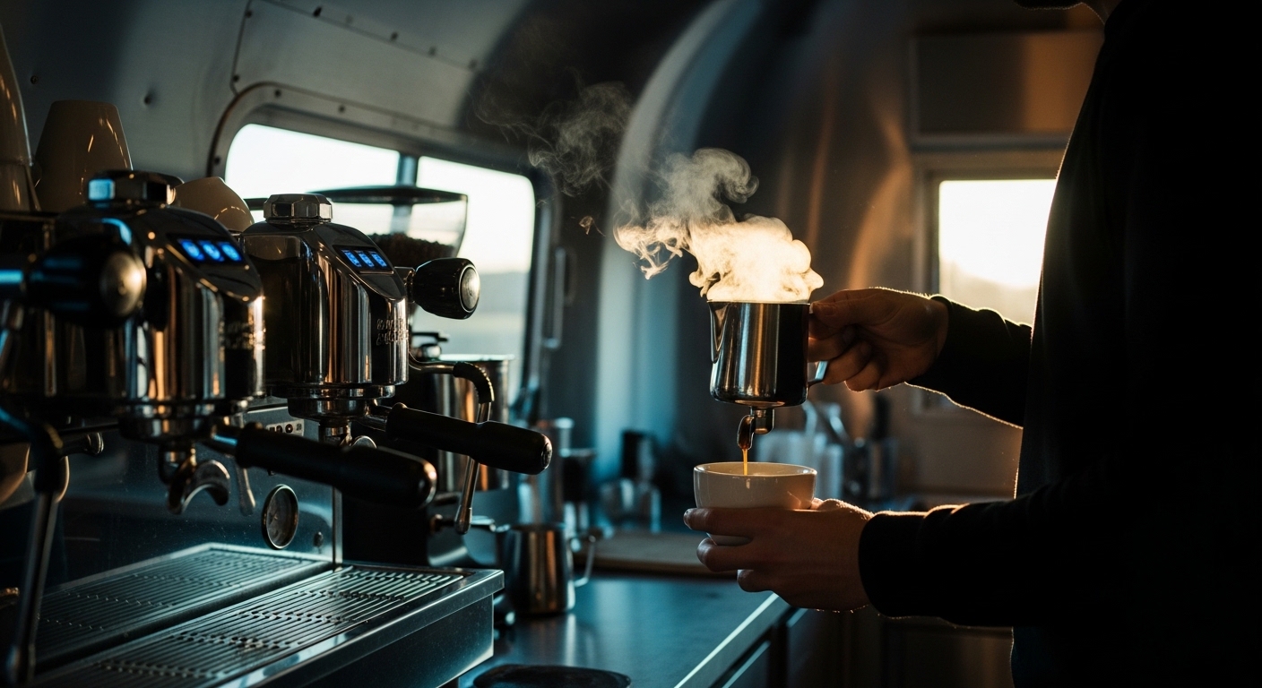 Barista pouring espresso with steam rising inside a chrome trailer
