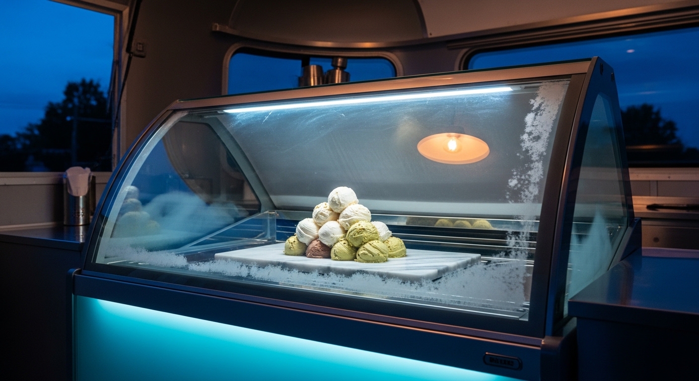 Scooped ice cream stacked in a refrigerated display case
