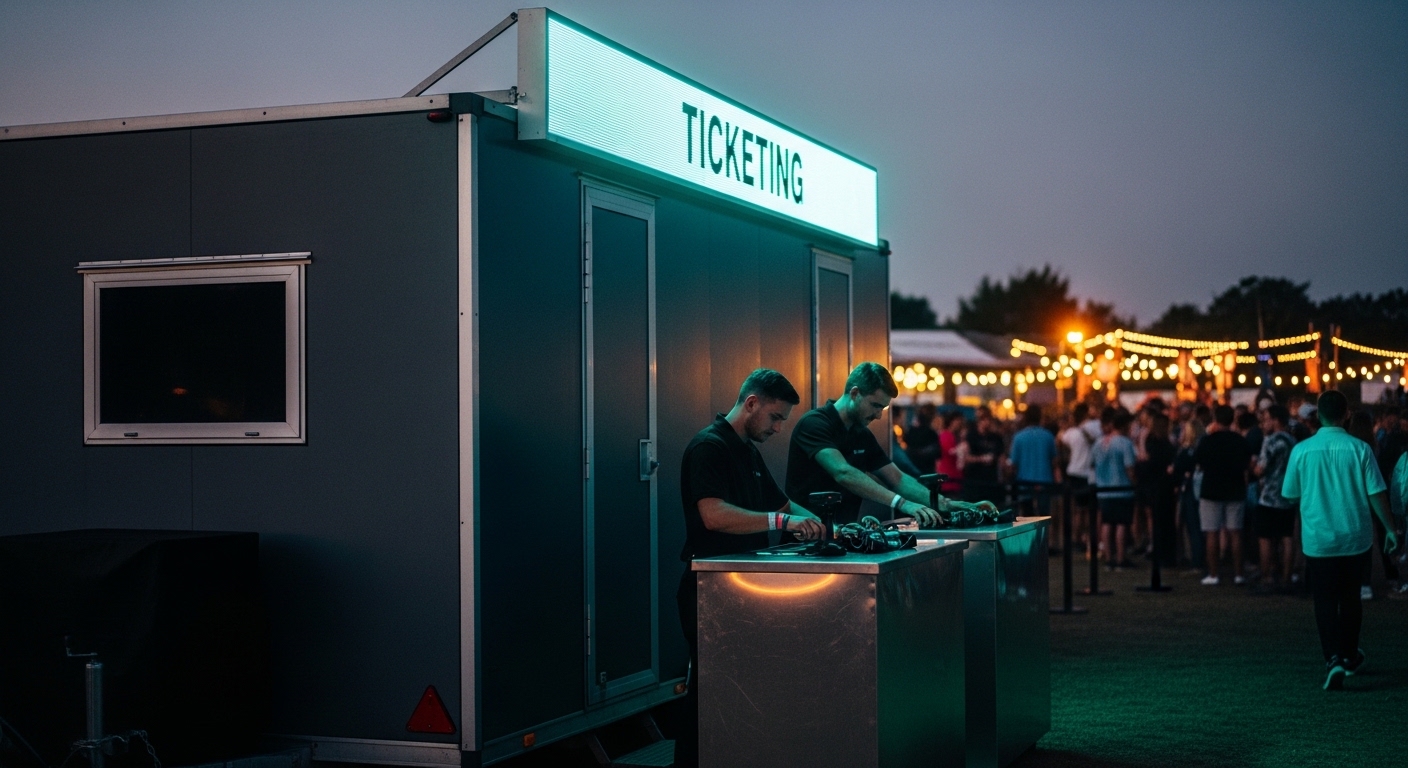 Ticketing trailer with cyan signage at an outdoor night event
