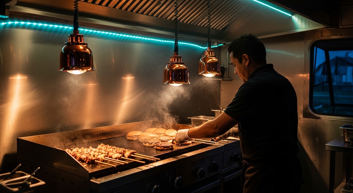 Chef grilling kebabs and burgers under copper heat lamps