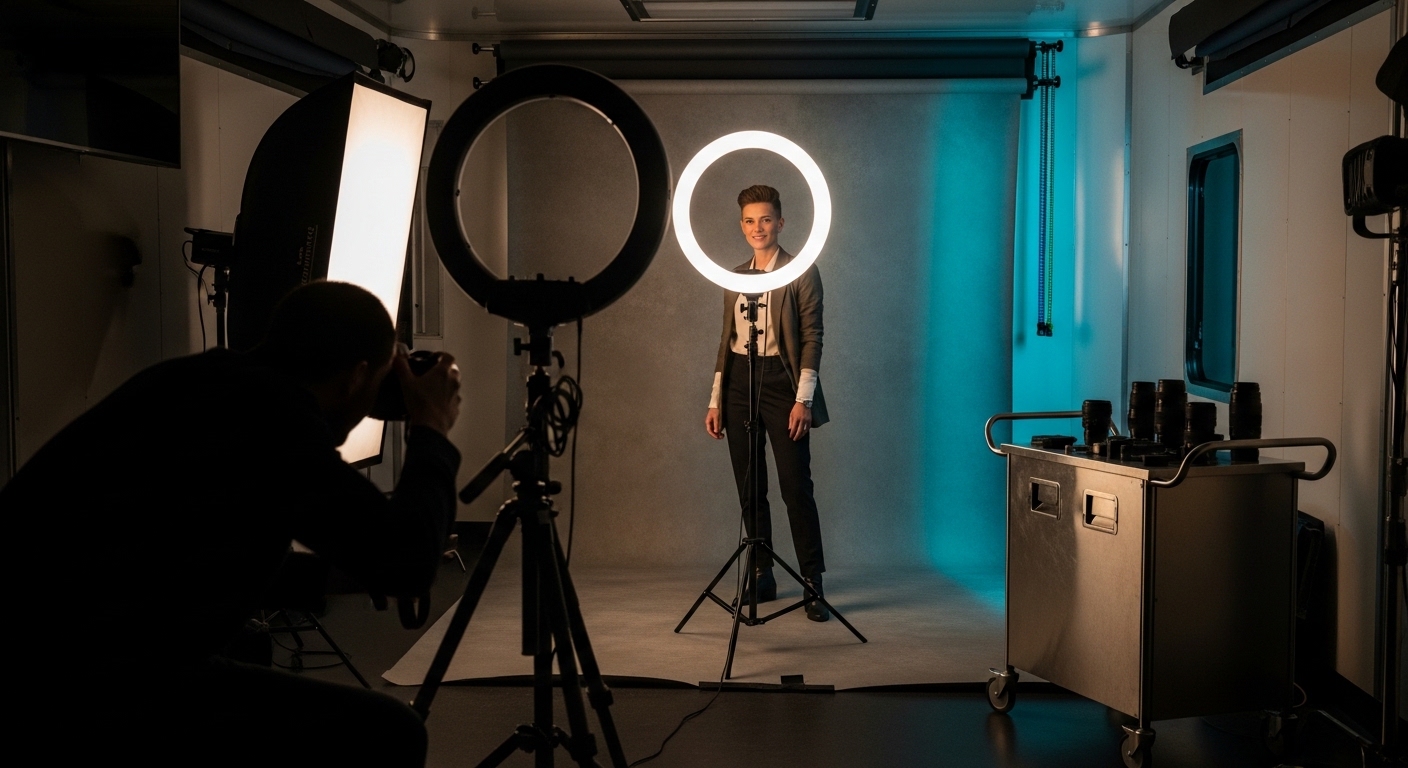 Photography studio session with ring lights inside a mobile unit