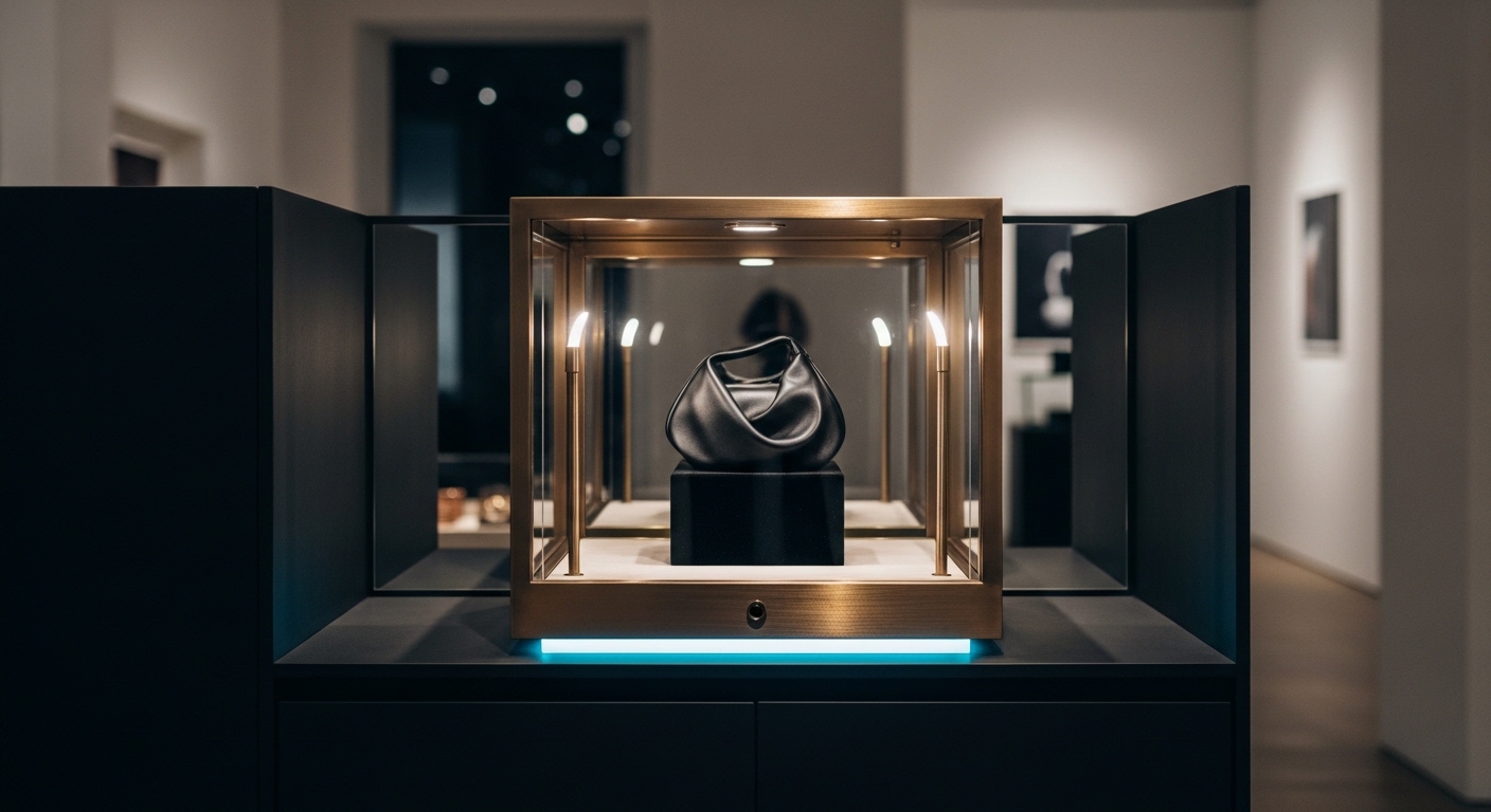 Brass-framed glass display case with a sculptural product