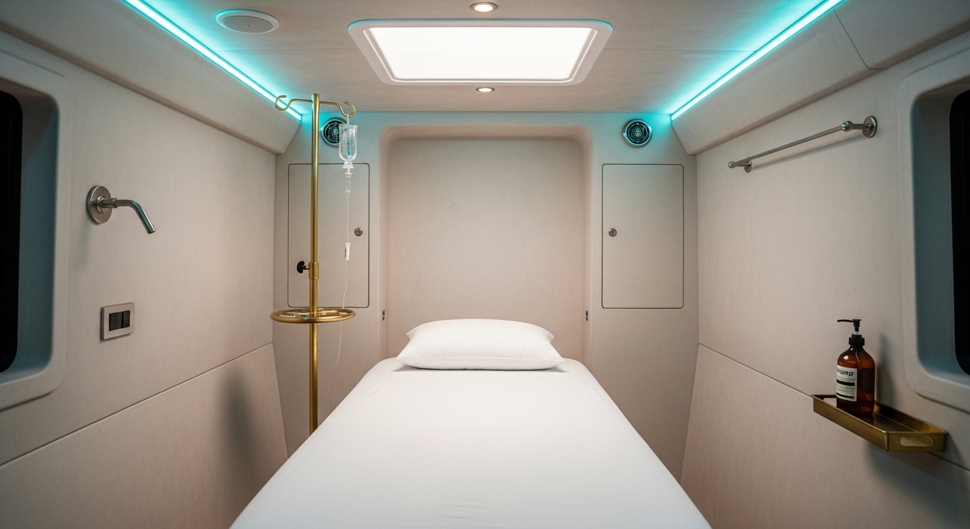 Clinical treatment bed inside a cyan-lit wellness pod